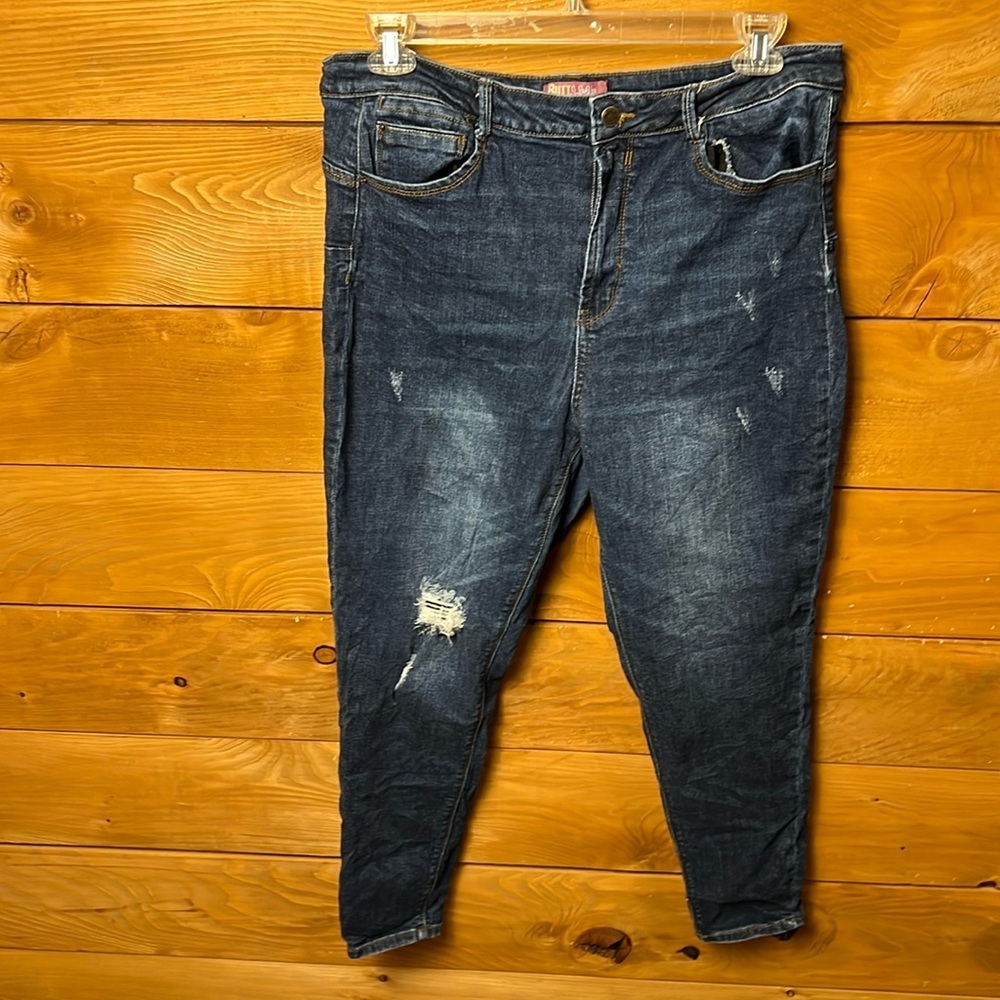 Wax Jeans Butt I Love You Womens‎ Blue Distressed Stretch Denim 34 waist Skinny